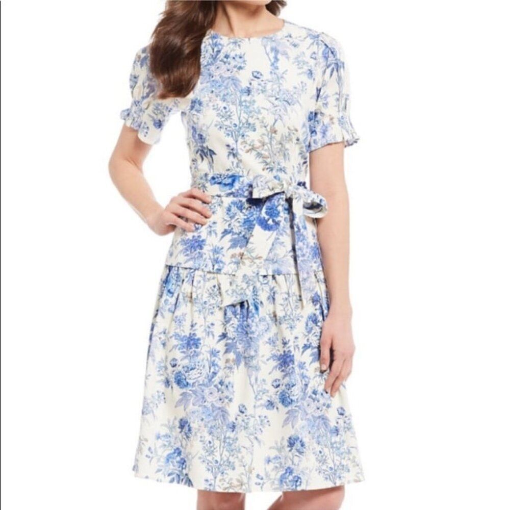 Antonio Melani Jessie Blue Skies White Floral Short Sleeve Drop Waist Dress 14 - Picture 2 of 12